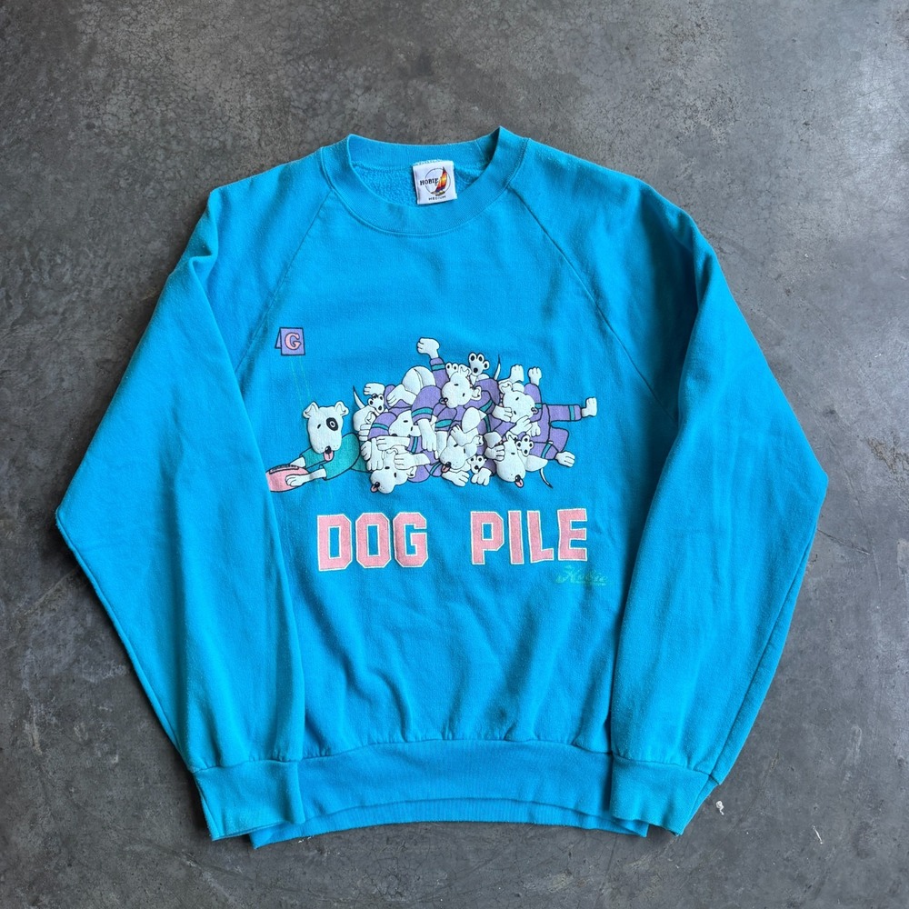 Vintage Hobie Surf Dog Pile Football NFL Puff Print Graphic Sweatshirt 80s 90s S